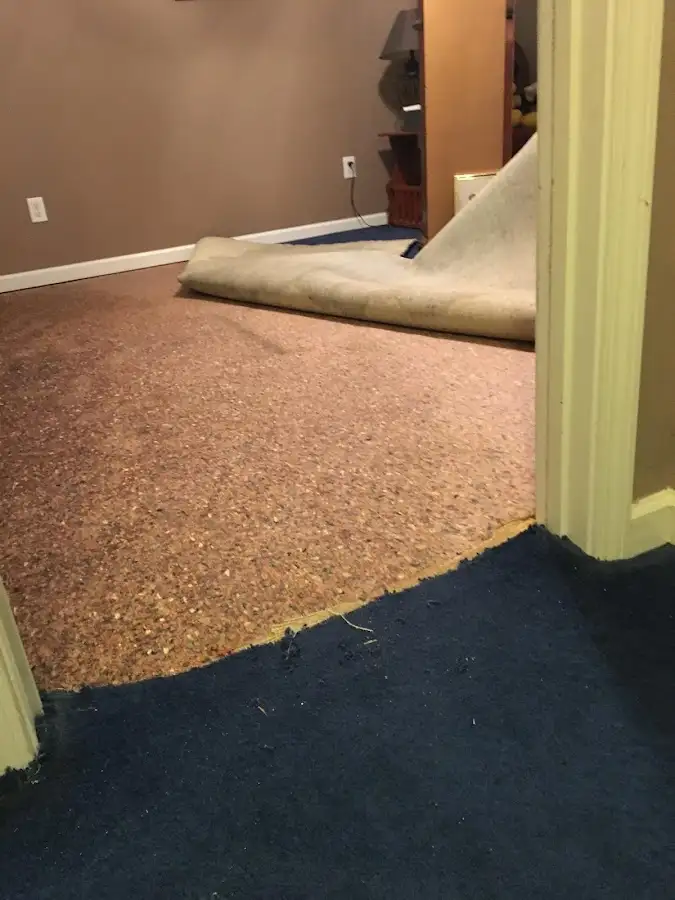 Carpet pad removal revealing water damage during Water Mitigation Services in Hartford City